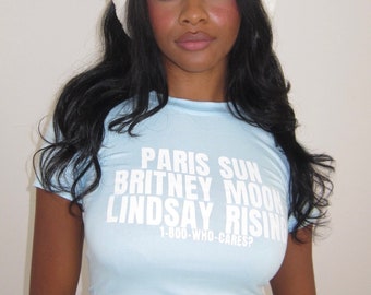 PARIS Hilton BRITNEY Spears LINDSAY Lohan Slogan Cropped Baby Tee Limited Edition Black Blue