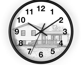 Custom Hand Drawn Home Portrait Clock | Personalized House Sketch Wall Art | New Homeowner Gift | Realtor Closing Gift | First Home Memento
