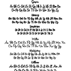 May include: A white sheet of paper displays various cursive fonts, each showcasing uppercase and lowercase alphabets. The fonts are labeled with names like Davis, Garcia, and Henry, offering a range of styles for design projects.