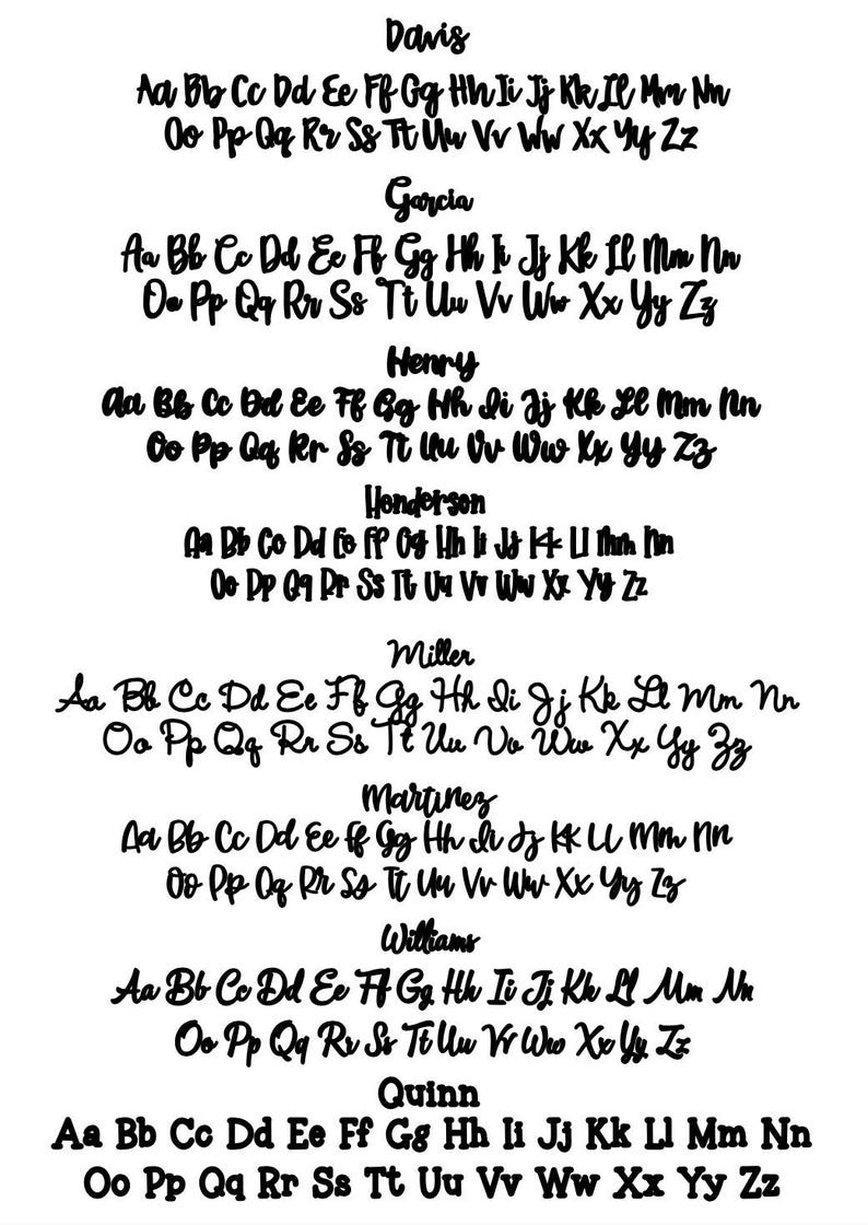 May include: A white sheet of paper displays various cursive fonts, each showcasing uppercase and lowercase alphabets. The fonts are labeled with names like Davis, Garcia, and Henry, offering a range of styles for design projects.