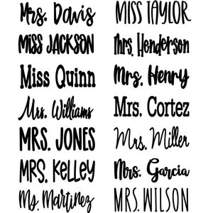 May include: A white background displays the word "Fonts" in a bold, black font. Below, various names are written in different black fonts, including "Mrs. Davis," "Miss Taylor," and others, showcasing font styles.