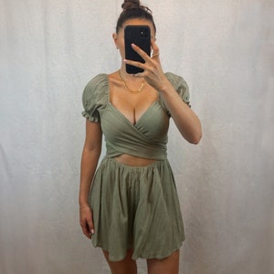 Cute Cut Out Olive Green Romper for Women with Puff Sleeves, Front Wrap Twist Tie Top, and V Neck