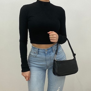 Langarm Mock Neck High Neck Rollkragen Crop Top für Frauen in Schwarz, Weiß oder Braun