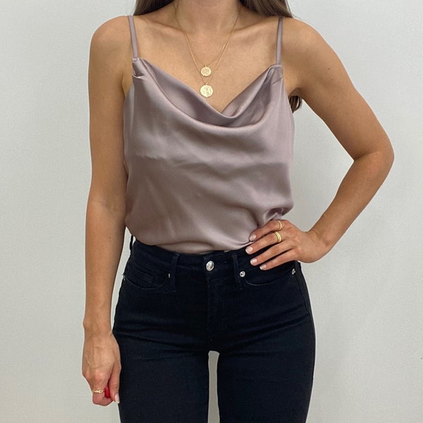 Solid Satin Top with Cowl Neck