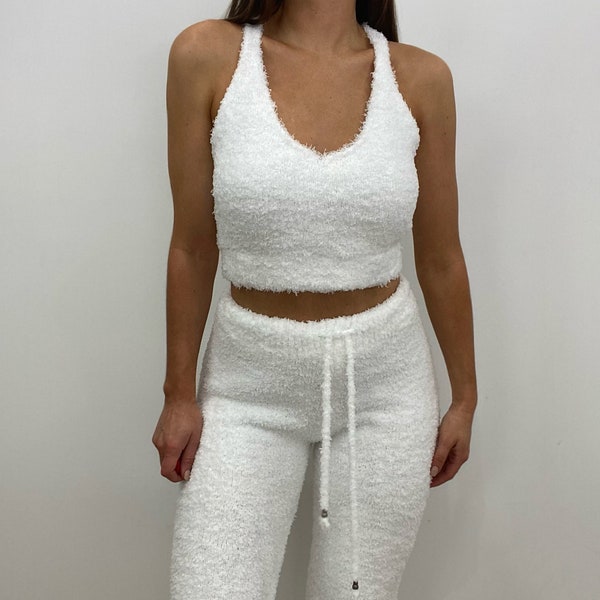 White Fuzzy Lounge Cami Crop Top Tank for women featuring a v-neck & criss cross back