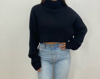 Cropped Sweaters for Women, Crop Sweater, Black Cropped Sweater, Knitted Turtleneck Sweater, Knit Crop Turtleneck, Crop Sweater for Women