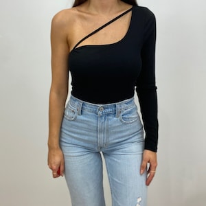 Black Asymmetrical One Shoulder Bodysuit with Cut Out