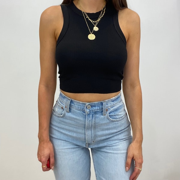 Black Crop Tank | Crop Top Tanks for Women | Cropped Tank Tops | Ribbed Crop Top | Womens Cropped Tank Tops | High Neck Tank Top | Racerback