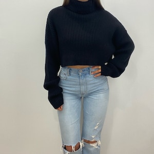 Maglioni corti da donna, maglione corto, maglione corto nero, maglione dolcevita lavorato a maglia, dolcevita corto lavorato a maglia, maglione corto da donna