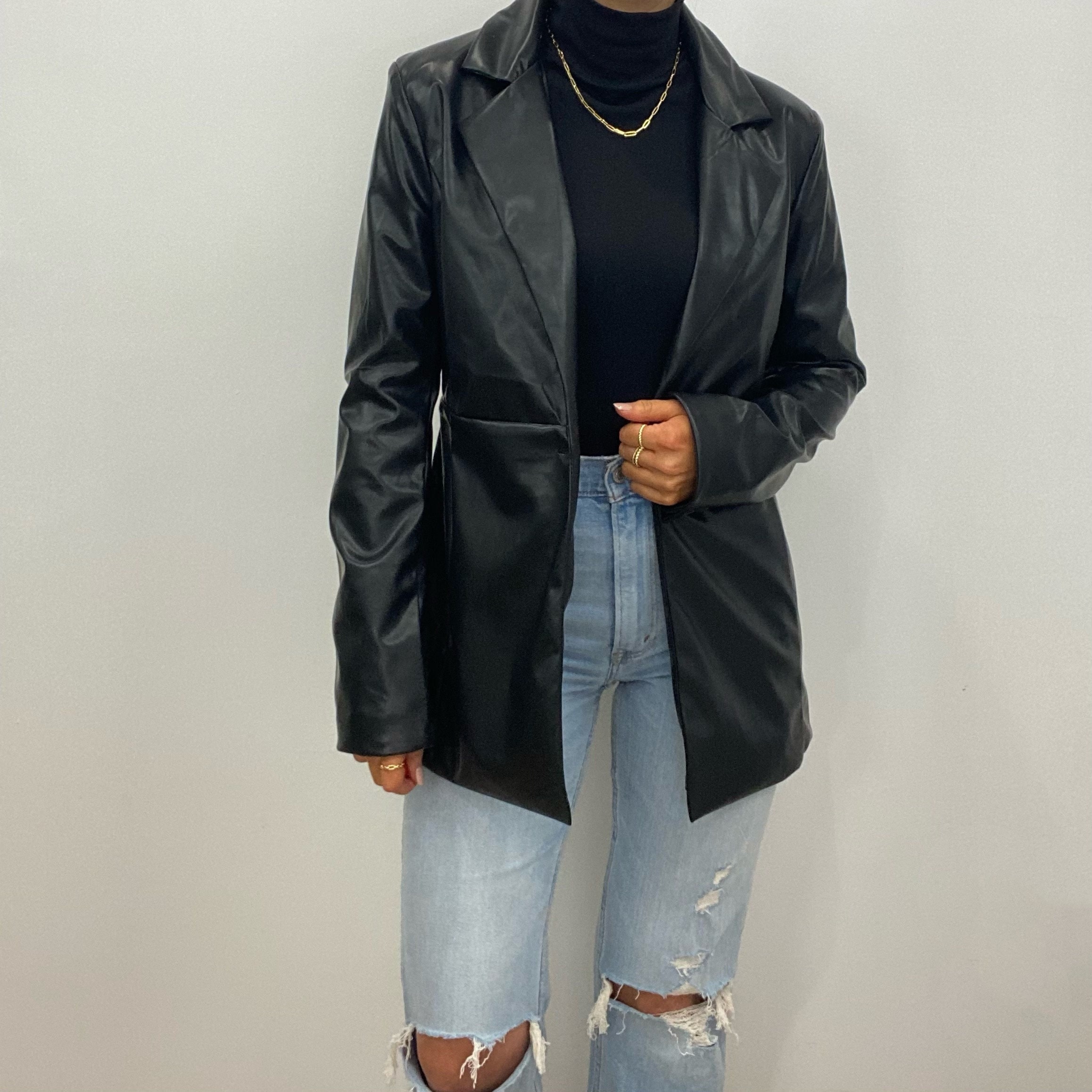 black faux leather blazer womens