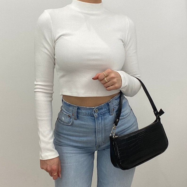 Long Sleeve Mock Neck Crop Top in Brown, Black, or White - Etsy