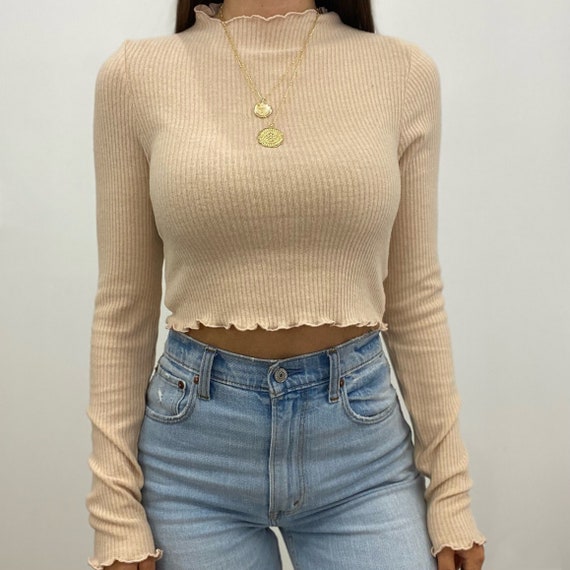 Ribbed Mock Neck Turtleneck Long Sleeve Crop Top for Women With Ruffle  Lettuce Trim 