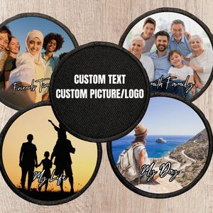 May include: A collection of five circular patches with black borders, each displaying a different image and text. The patches showcase photos of people and the phrases "Friends Time", "with Family", "My Life", and "My Day". The central patch reads "CUSTOM TEXT CUSTOM PICTURE/LOGO".