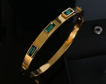 Gold Bangle Bracelet For Women Emerald Green Zircon Bangle Gift For Her Slip On Bangle