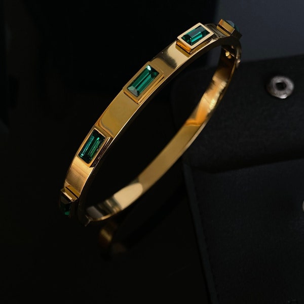 Gold Bangle Bracelet For Women Emerald Green Zircon Bangle Gift For Her Slip On Bangle