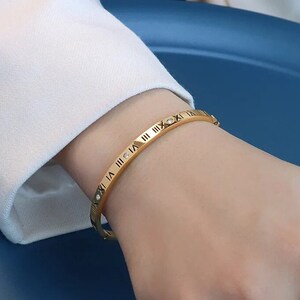 Gold Bangle With Engraved Numerals, Gold Bracelet, Bracelet Gold, Bracelet Stack, Roman Bangle, Gift For Her, Gift For Women