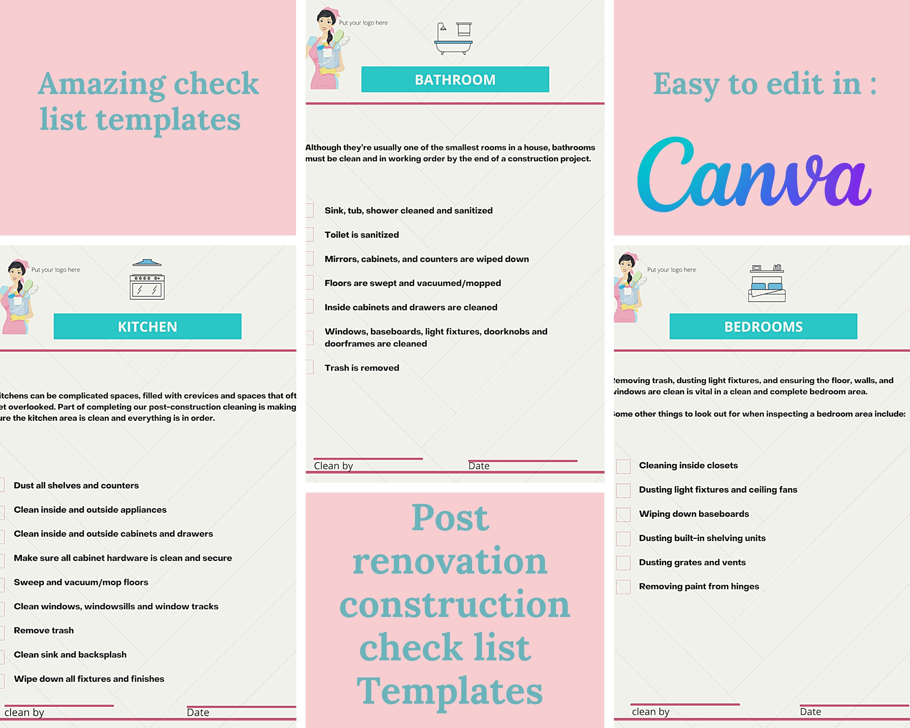 CLEANING CHECK LIST , for Post Construction , Easy to Edit in Canva ...