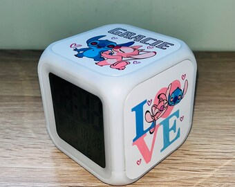 Stitch & Angel Design Personalised LED Cube Digital Alarm Clock - Colour Changing/Great Gift Idea