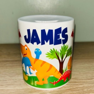 Dinosaur Design Personalised Money Box, Piggy Bank, Birthday Gift, Baby gift, keepsake, Saving, bedroom/nursery decor, Ceramic