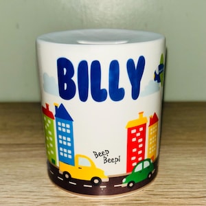 Transport Design Personalised Money Box, Piggy Bank, Birthday Gift, Baby gift, keepsake, Saving, bedroom/nursery decor, Ceramic