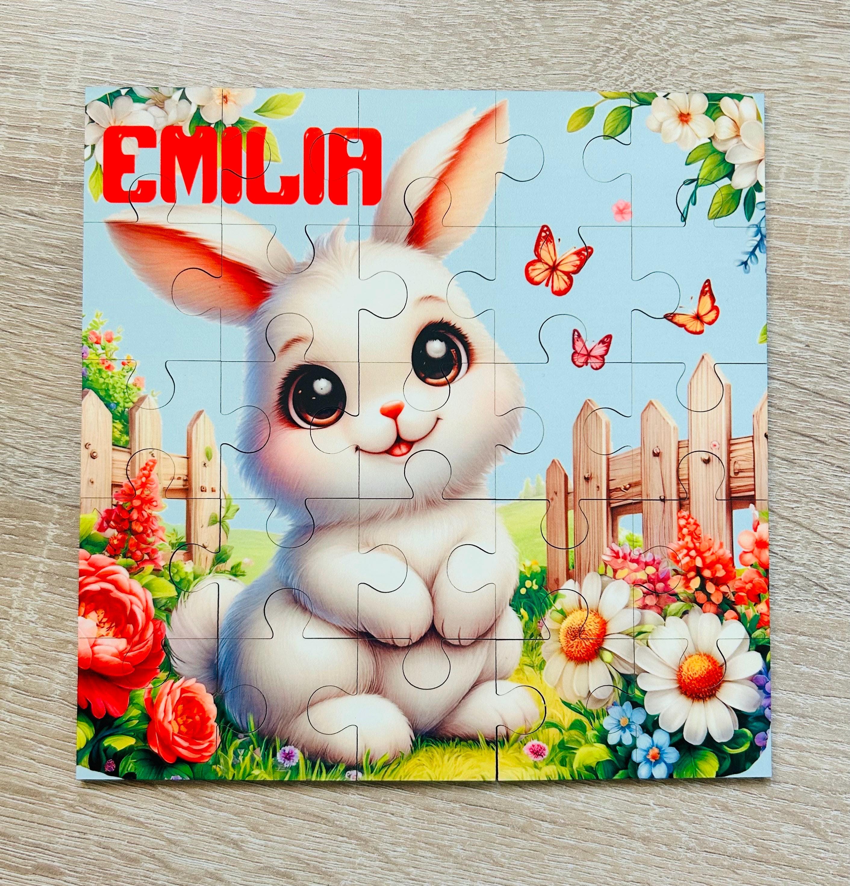 Cute Bunny Design Personalised Jigsaw Puzzle, Children's Custom Jigsaw, 25 Piece Square Wooden Puzzle, Birthday gift, Kids Personalised Gift