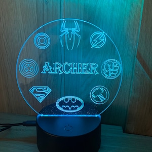 Superhero Logos Themed LED Night Light - Comes Fully Personalised. Unique Gift Idea