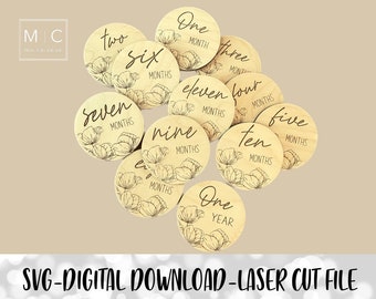 Marcadores de hitos mensuales, disco de hitos mensuales del bebé, archivo láser, svg, hitos mensuales florales.