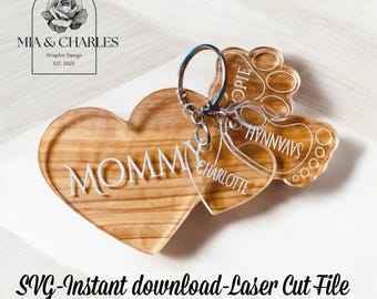 Mom Keychain SVG, Gift For Mom Keychain SVG, Dog Mom Keychain SVG, Mom Bag Charm Svg, Mom Keychain With Kids, Laser Cut Svg