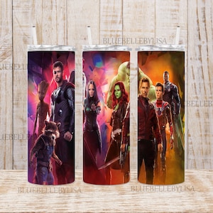 May include: Three stainless steel tumblers with different images of characters from the Marvel Cinematic Universe. The first tumbler features Thor, Rocket Raccoon, Groot, and Star-Lord. The second tumbler features Gamora, Nebula, and Hulk. The third tumbler features Star-Lord, Drax, Spider-Man, and Iron Man.