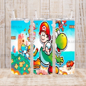 May include: A set of three 20 oz stainless steel tumblers with a colorful design featuring characters from the Super Mario Bros. video game. The tumblers are blue, green, and yellow with a white background. The characters include Mario, Luigi, Yoshi, and Toad.