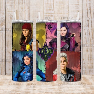 May include: Four stainless steel tumblers featuring images of characters from the Disney film Descendants. The tumblers depict Mal, Carlos, Jay, and Evie. The tumblers are decorated with a black and white chequered pattern and the text "Long Live Evil".