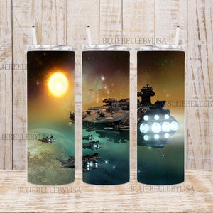 May include: Three stainless steel tumblers with a space-themed design. The tumblers feature a large spaceship, a planet, and a sun. The tumblers are ideal for keeping your drinks cold or hot.
