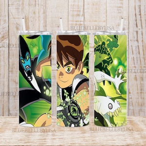 May include: Three stainless steel tumblers with different images of Ben 10 characters. The first tumbler features Ben 10 in his alien form, the second tumbler features Ben 10 in his human form, and the third tumbler features Ben 10's alien forms.