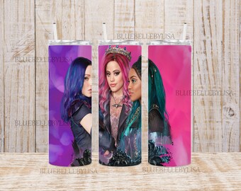 May include: Three stainless steel tumblers with images of characters from the Disney movie Descendants. The tumblers are purple, blue, and pink with the text "Bluebellebylisa" on the bottom.