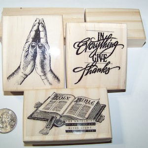 New Spiritual Religious Jesus Rubber Stamps 3 Stamps Praying Hand, Bible, Give Thanks, Scripture Stamps