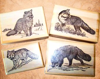Fox Rubber Stamp Set: Animal Art, Deep Etched Wood Mount