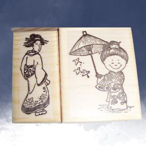 Asian Theme Geisha Girls Rubber Stamp | Asian Style GeishaRubber Stamp |  AsianThemed Stamps | Rubber Art Wood Mounted Stamps