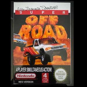 May include: A box for the Nintendo Entertainment System video game Super Off Road featuring Ivan "Ironman" Stewart. The box art shows a white Toyota truck with the word "TOYOTA" on the side, driving off-road. The box has a red and yellow background with the words "Super Off Road" in large, bold letters. The box also includes the text "4 Player Simultaneous Action!" and the Nintendo Seal of Quality.