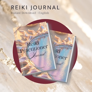 Könnte beinhalten: Zwei Reiki Practitioner Journals mit schimmerndem, irisierendem Cover-Design. Die Journale zeigen den Text "Reiki Practitioner Journal" und "Laura Balaguer". Die Worte "REIKI JOURNAL" und "Instant Download | English" stehen oben.