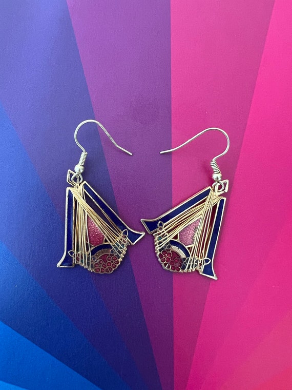 Vintage Art Deco Style Metal Enamel Drop Earrings Gem