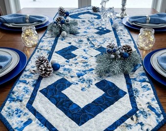 Camino de mesa floral azul con diseño de pájaros cantores: algodón acolchado con estampado geométrico de espiga.