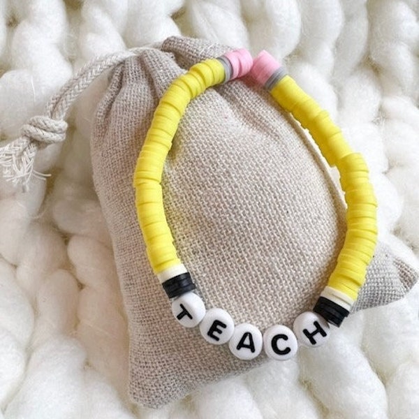 Teach Pencil Bracelet/Heishi Bead Bracelet/Teacher Gift/Pencil Bracelet/Clay Bead Bracelet/Stretchy Bracelet/Teacher Bracelet/Birthday Gift