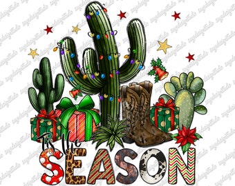 Western Christmas Cactus PNG: Santa, Cowboy Boots, Sublimation Design (Digital Download)