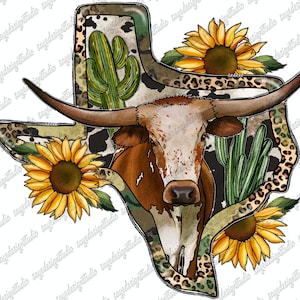 Texas Map Png, Cow Png, Country, Western, Texas Cow Png, Sunflower Png, Cactus Png, Longhorn Png, Texas, Sublimation Design,Digital Download