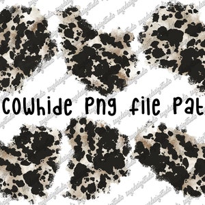 Könnte beinhalten: Sechs digitale Kuhfell-Patches in einem Schwarz-Braun-Farbschema. Die Patches sind unregelmäßig geformt und haben einen Aquarell-Effekt.