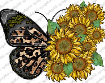 Leopard Butterfly Sunflower PNG: Western Sublimation Design (Digital Download)