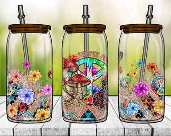 Hippie Soul 16oz Libbey Glass Can PNG: Mushroom & Flower Sublimation Design (Digital Download)