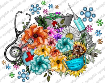 Floral Nurse Design PNG: Stethoscope, Needle, & Flowers (Digital Download)