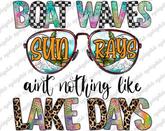 Lake Days PNG: Boat Waves, Sun Rays, Summer Design (Digital Download)