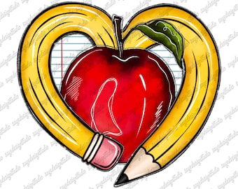 Heart Pencil Apple PNG: Teacher Sublimation Design (Digital Download)
